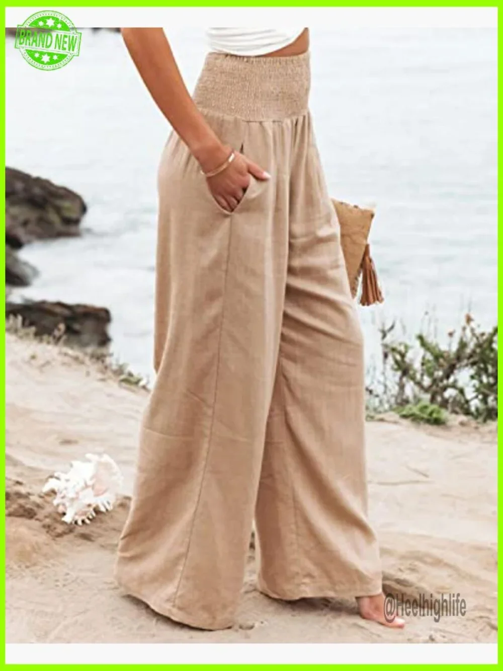 High Waisted Cotton Linen Palazzo Pants Wide Leg Lounge Trousers with Pockets - Picture 4 of 7